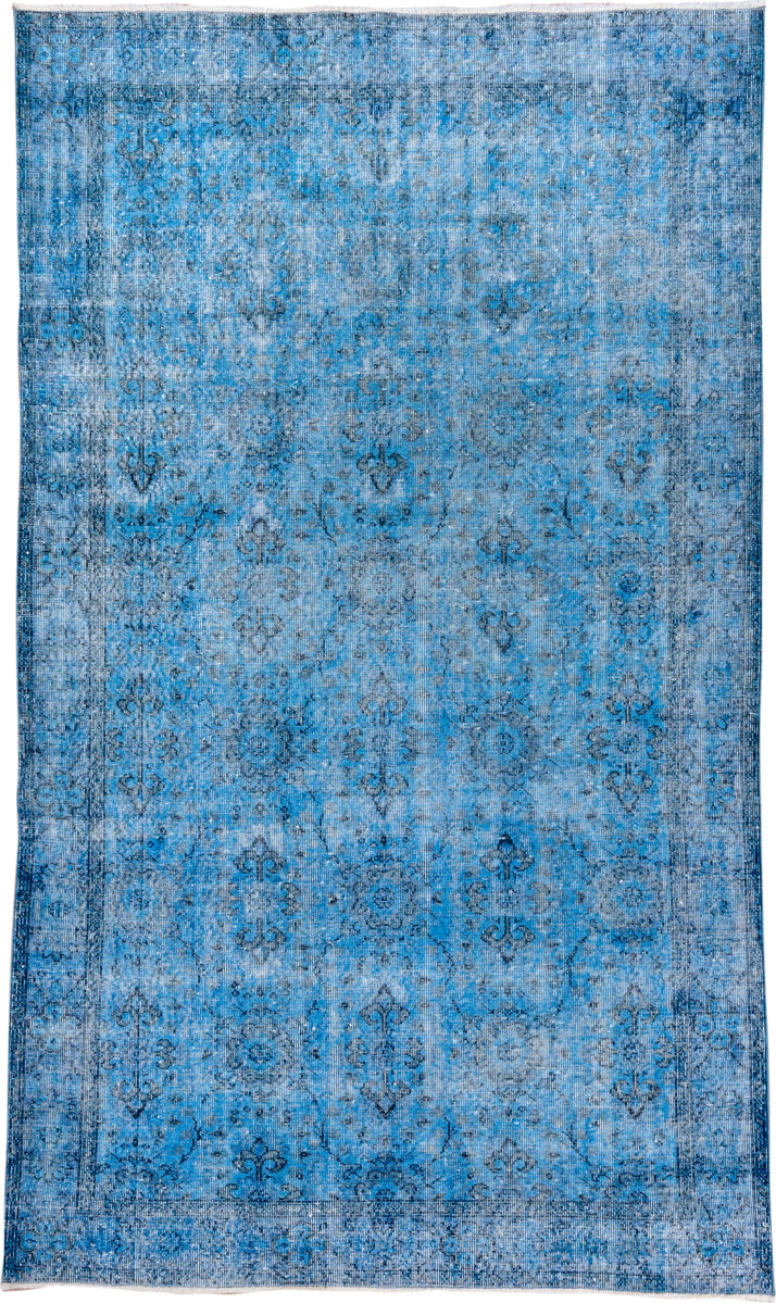 5' x 9' one-of-a-kind handmade antique Overdyed medium size rug. Color palette: sky blue, azure, slate, charcoal, ivory