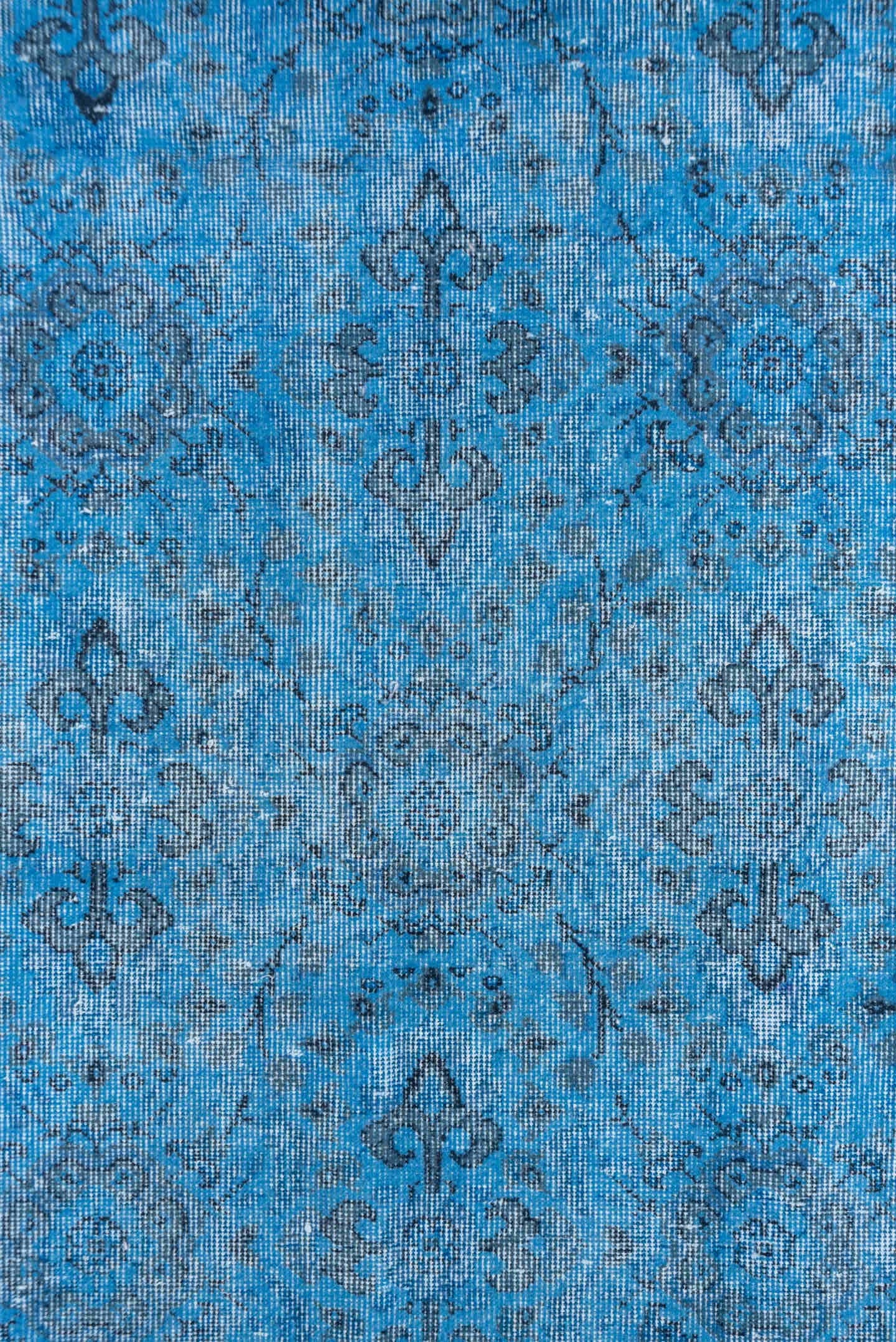 5' x 9' one-of-a-kind handmade antique Overdyed medium size rug. Color palette: sky blue, azure, slate, charcoal, ivory