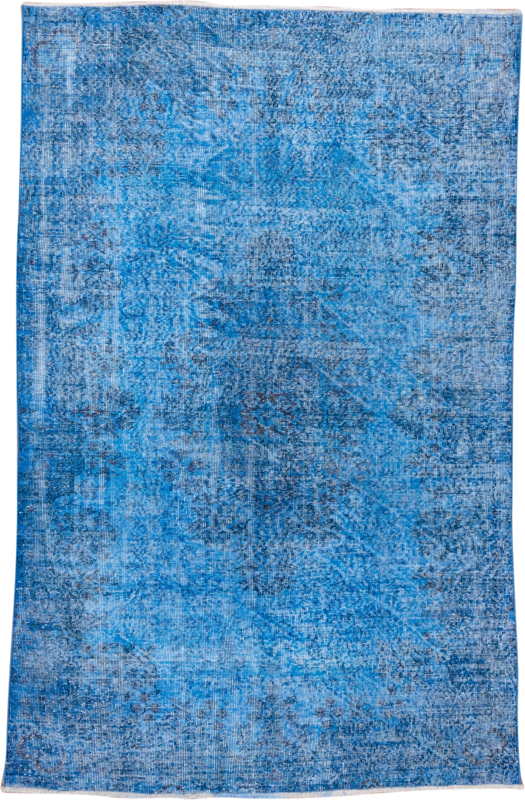 5' x 8' one-of-a-kind handmade antique Overdyed medium size rug. Color palette: sky blue, azure, slate, ivory, light blue