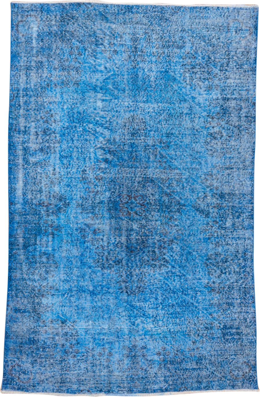 5' x 8' one-of-a-kind handmade antique Overdyed medium size rug. Color palette: sky blue, azure, slate, ivory, light blue
