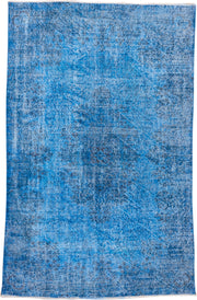5' x 8' one-of-a-kind handmade antique Overdyed medium size rug. Color palette: sky blue, azure, slate, ivory, light blue