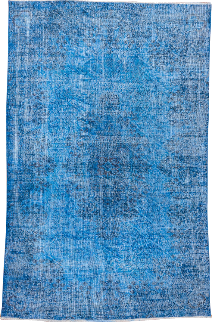 5' x 8' one-of-a-kind handmade vintage Overdyed medium size rug. Color palette: blue, gray, light blue, light steel blue