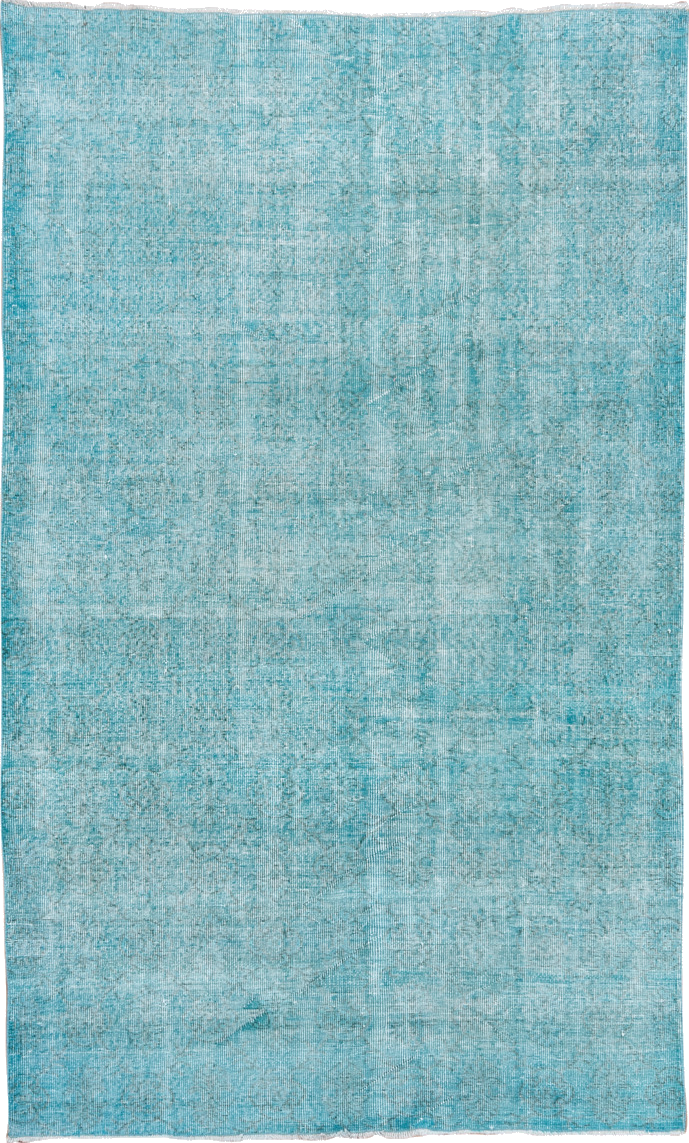 5' x 9' one-of-a-kind handmade vintage Overdyed medium size rug. Color palette: blue, gray, green, light blue, light gray