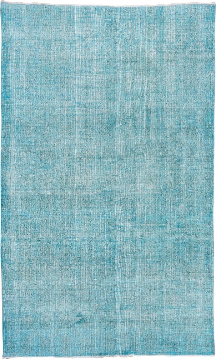 5' x 9' one-of-a-kind handmade antique Overdyed medium size rug. Color palette: aqua, turquoise, ice blue, ivory, teal