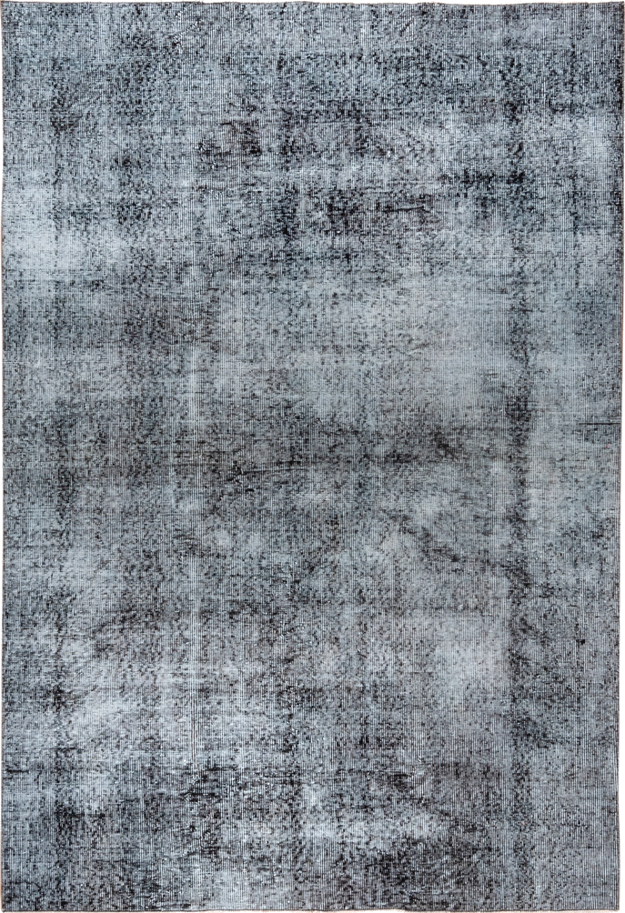5' x 8' one-of-a-kind handmade vintage Overdyed medium size rug. Color palette: black, blue, charcoal, gainsboro, gray