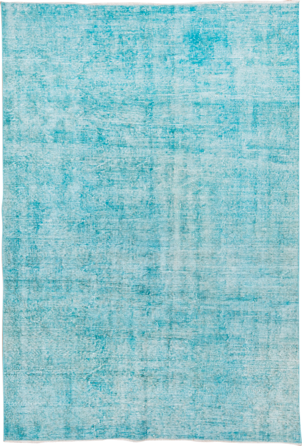 5' x 7' one-of-a-kind handmade antique Overdyed rug. Color palette: aqua, turquoise, ivory, teal