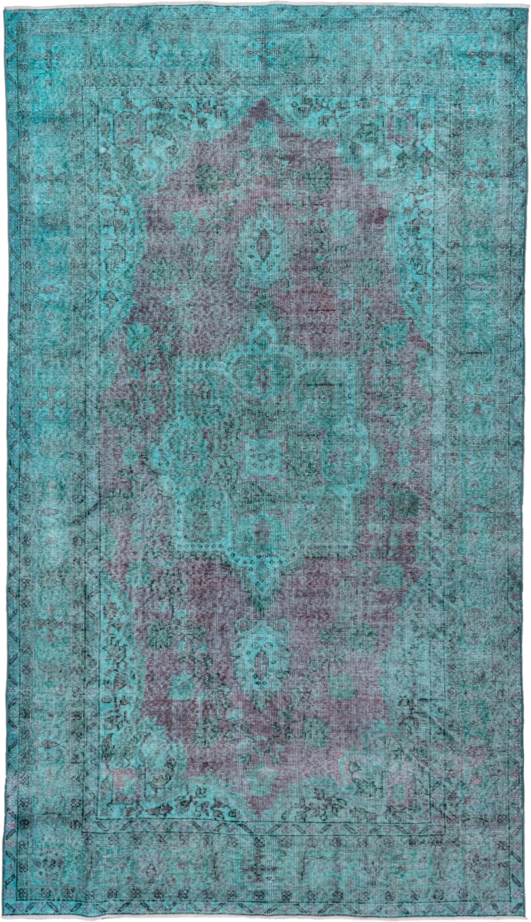 5' x 9' one-of-a-kind handmade antique Overdyed medium size rug. Color palette: turquoise, aqua, lavender, charcoal, teal