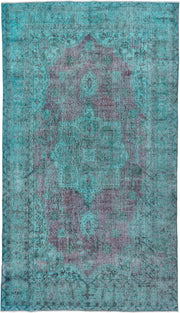 5' x 9' one-of-a-kind handmade antique Overdyed medium size rug. Color palette: turquoise, aqua, lavender, charcoal, teal