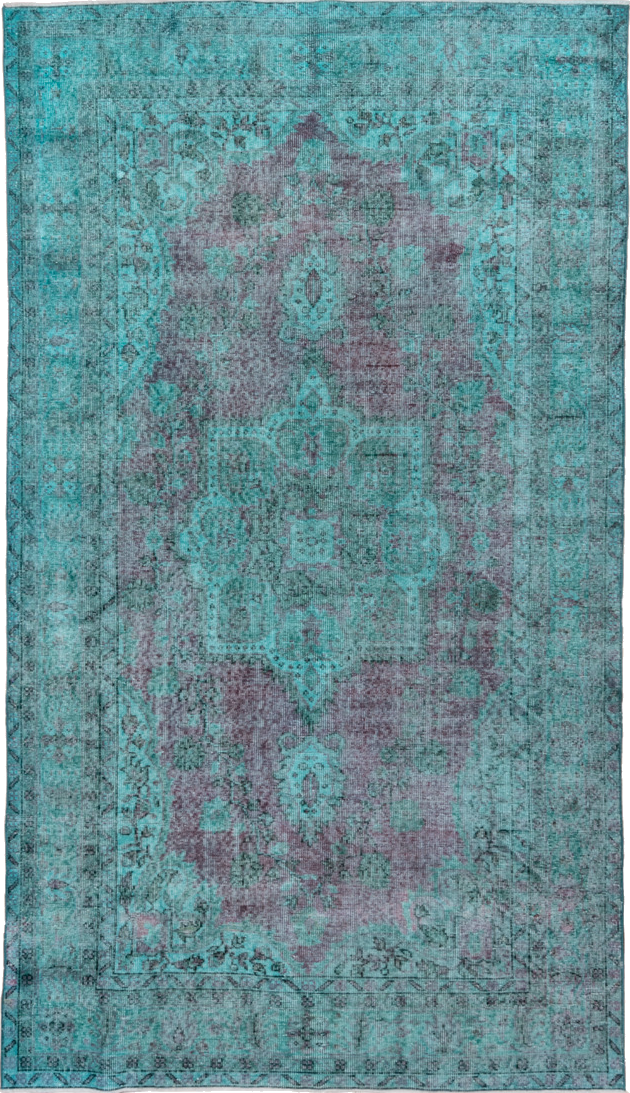 5' x 9' one-of-a-kind handmade vintage Overdyed medium size rug. Color palette: blue, cadet blue, dark slate gray, gray