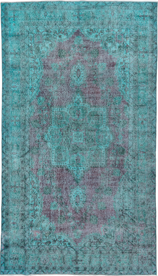 5' x 9' one-of-a-kind handmade antique Overdyed medium size rug. Color palette: turquoise, aqua, lavender, charcoal, teal