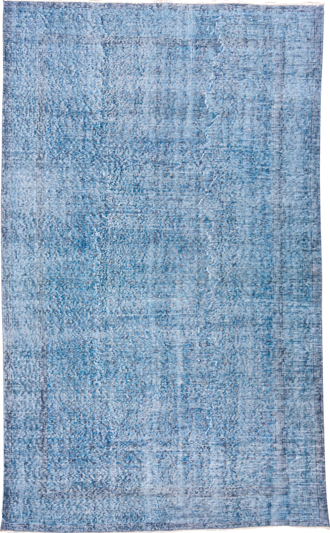5' x 9' one-of-a-kind handmade vintage Overdyed medium size rug. Color palette: blue, fiord, gray, light blue, light gray
