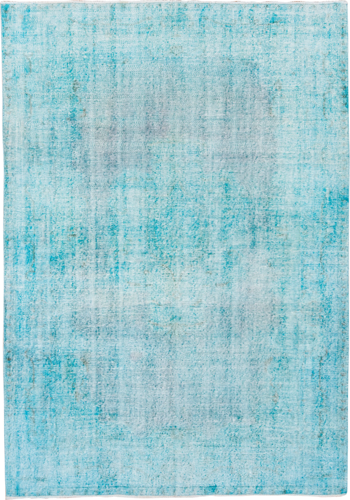 6' x 8' one-of-a-kind handmade antique Overdyed medium size rug. Color palette: aqua, ivory, sky blue, teal, light blue