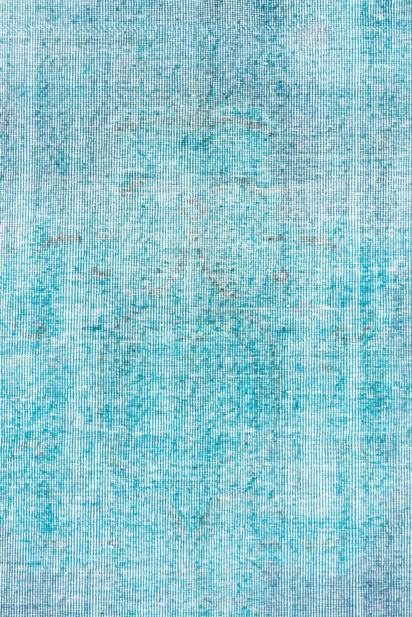 6' x 8' one-of-a-kind handmade antique Overdyed medium size rug. Color palette: aqua, ivory, sky blue, teal, light blue