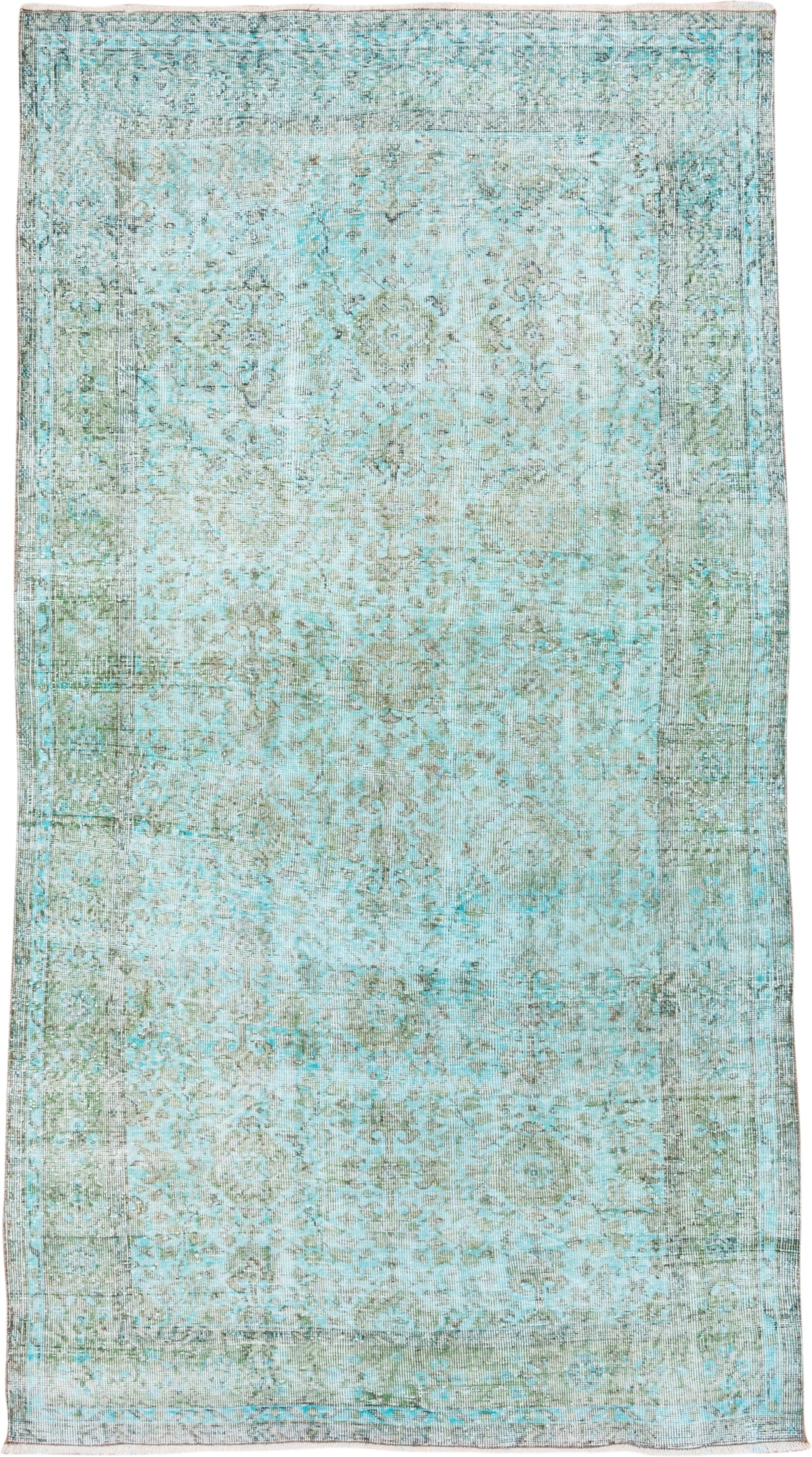 5' x 9' one-of-a-kind handmade antique Overdyed medium size rug. Color palette: aqua, ivory, sage, taupe, seafoam, pale gray
