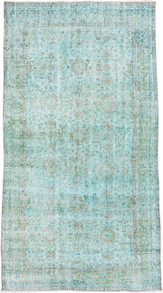 5' x 9' one-of-a-kind handmade antique Overdyed medium size rug. Color palette: aqua, ivory, sage, taupe, seafoam, pale gray