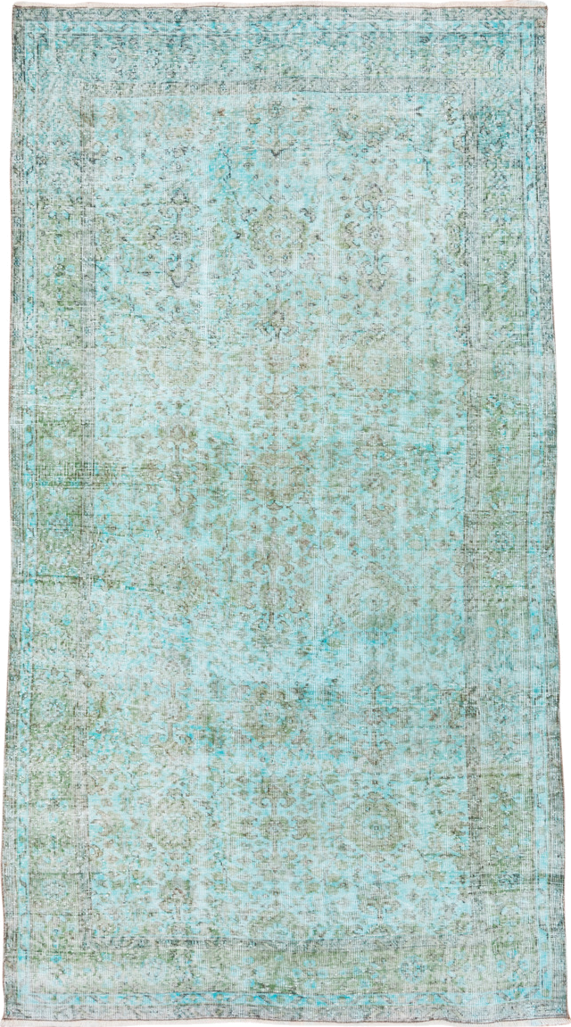 5' x 9' one-of-a-kind handmade antique Overdyed medium size rug. Color palette: aqua, ivory, sage, taupe, seafoam, pale gray