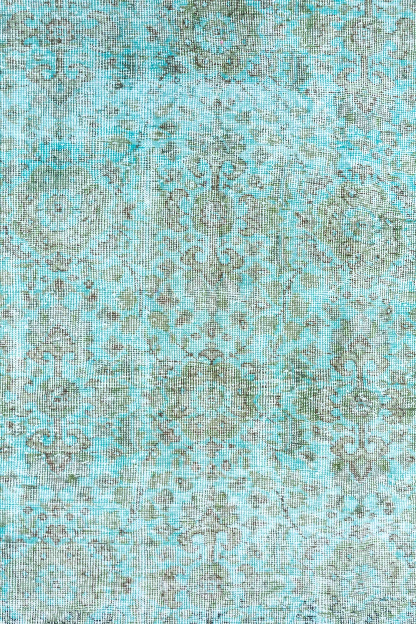 5' x 9' one-of-a-kind handmade antique Overdyed medium size rug. Color palette: aqua, ivory, sage, taupe, seafoam, pale gray