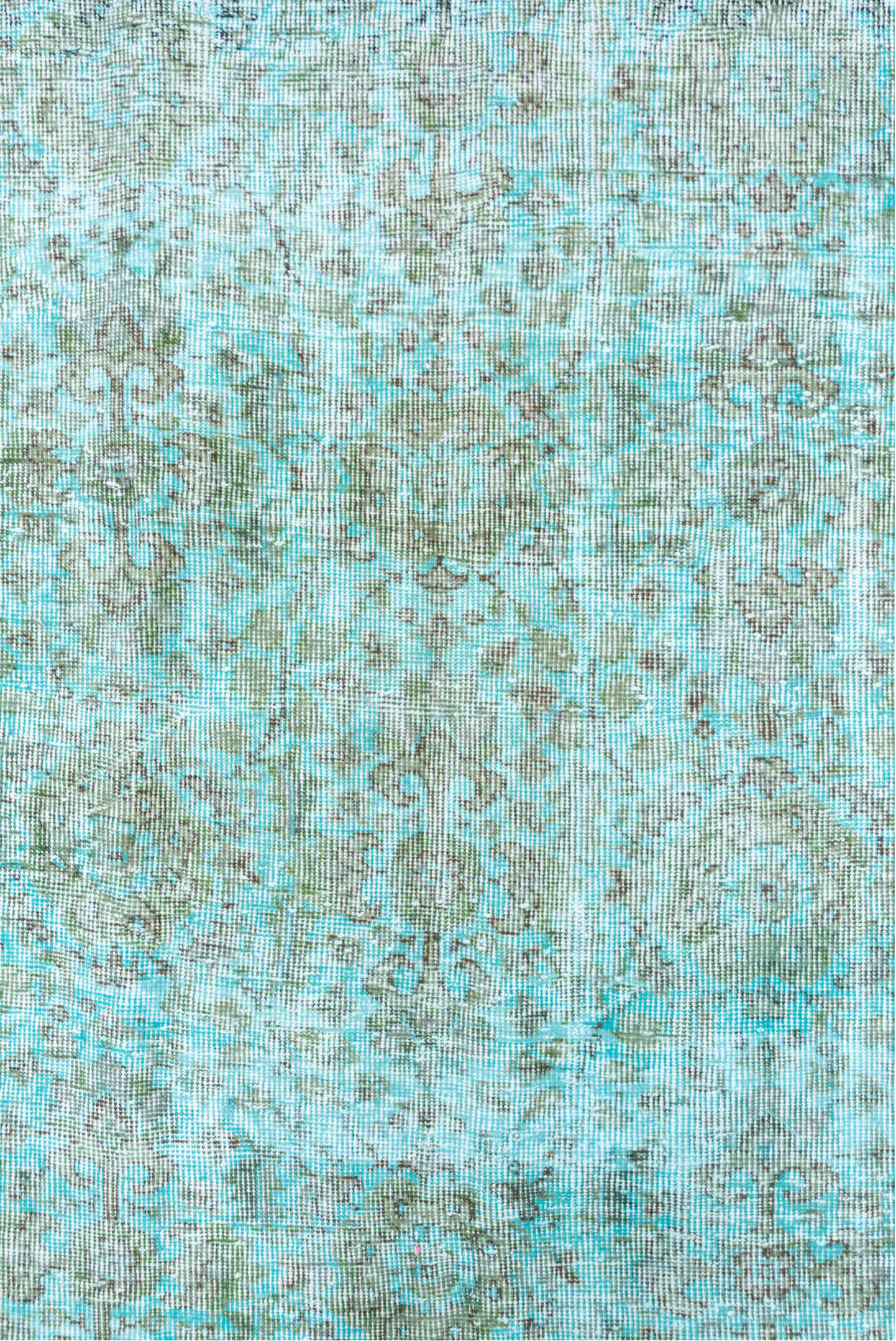 5' x 9' one-of-a-kind handmade antique Overdyed medium size rug. Color palette: aqua, ivory, sage, taupe, seafoam, pale gray