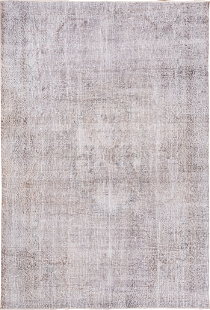 6' x 8' one-of-a-kind handmade vintage Overdyed medium size rug. Color palette: gray, off-white, light gray, pink, gainsboro