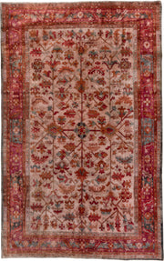 6' x 10' one-of-a-kind handmade antique Hooked large size rug. Color palette: rose, rust, coral, ivory, muted blue