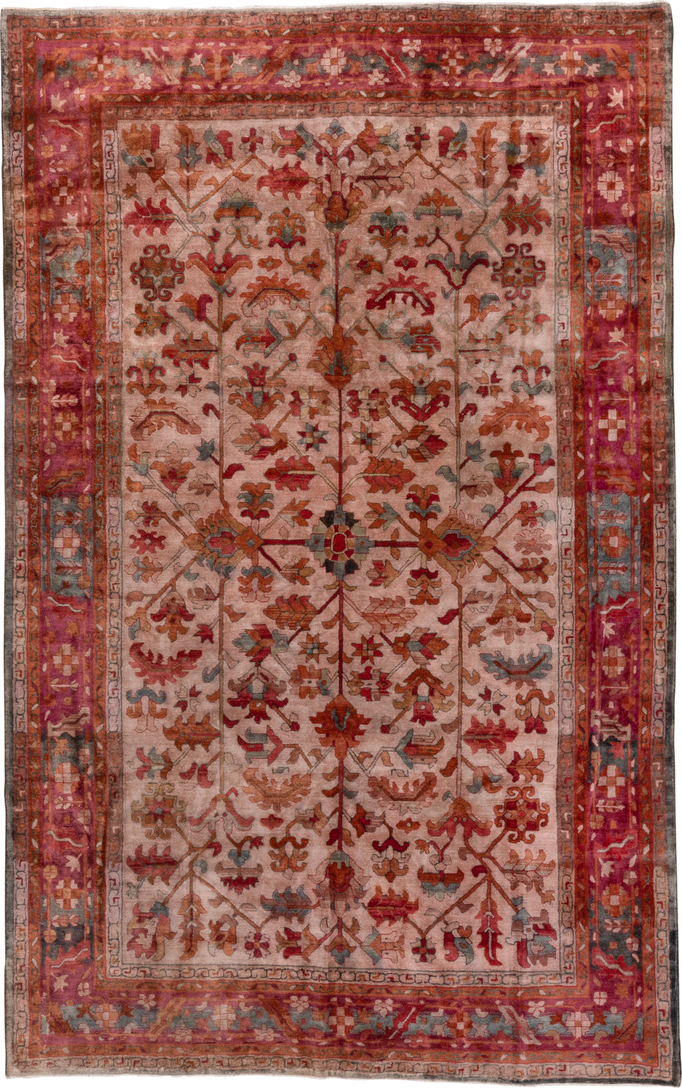 6' x 10' one-of-a-kind handmade antique Hooked large size rug. Color palette: rose, rust, coral, ivory, muted blue