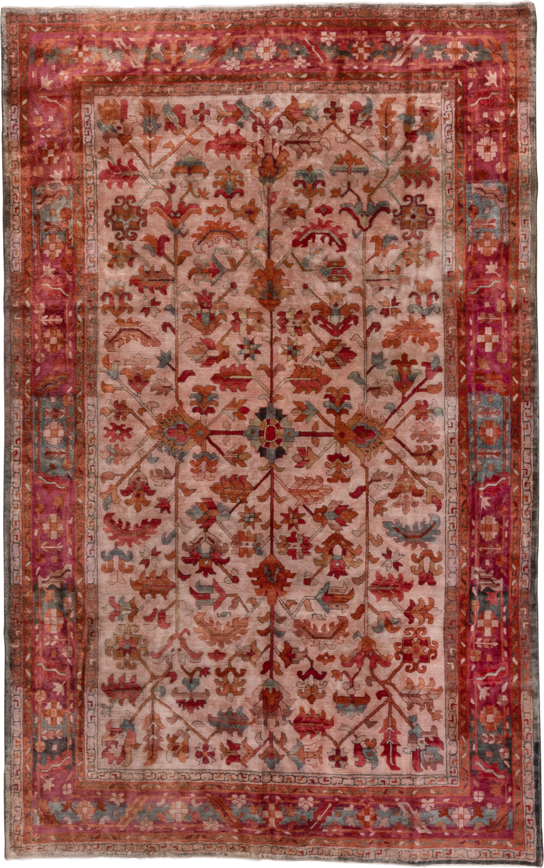6' x 10' one-of-a-kind handmade antique Hooked large size rug. Color palette: rose, rust, coral, ivory, muted blue