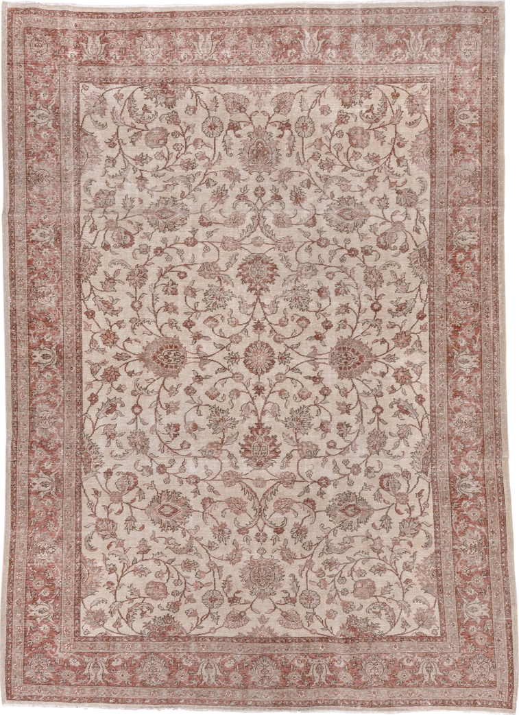6' x 9' one-of-a-kind handmade antique Sparta medium size rug. Color palette: ivory, rose, blush, taupe, dusty pink, pink