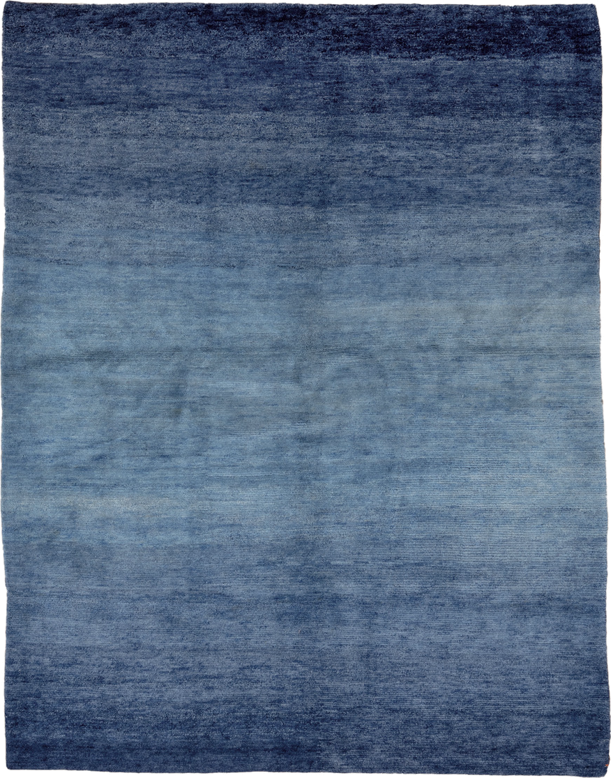 5' x 6' one-of-a-kind handmade vintage Tibetan rug. Color palette: blue, navy, slate, sky blue, gray, light blue
