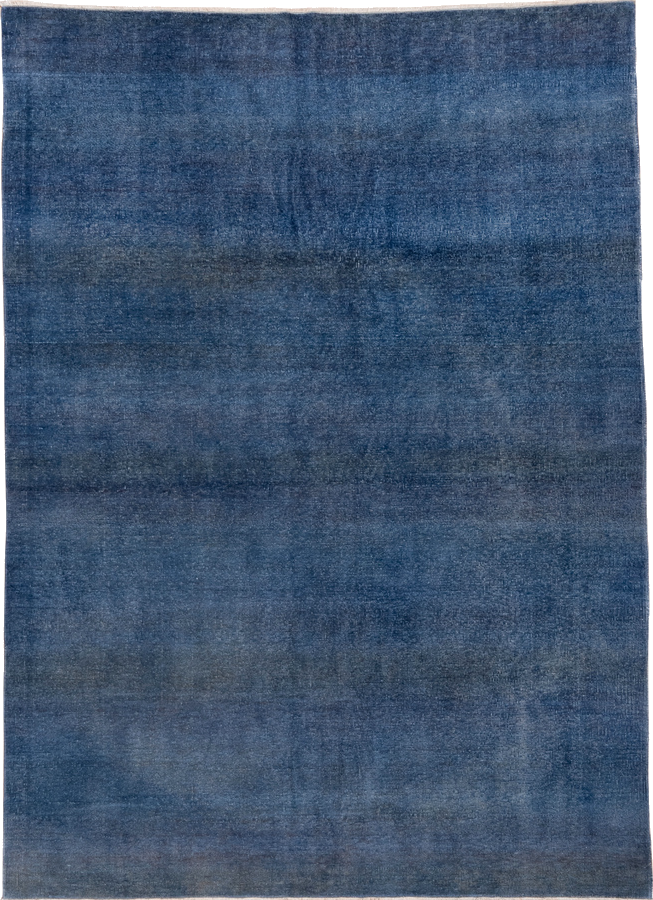 5' x 7' one-of-a-kind handmade vintage Overdyed rug. Color palette: blue, dark gray, fiord, gray, light blue, light gray