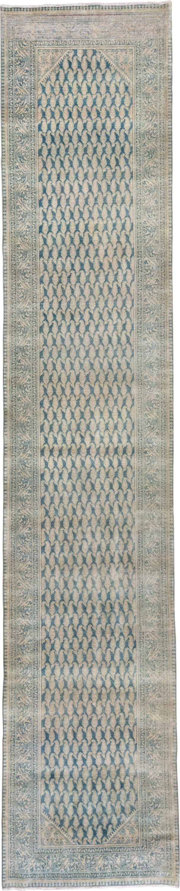 3' x 17' one-of-a-kind handmade antique Sivas runner rug. Color palette: ivory, pale blue, sky blue, beige, taupe