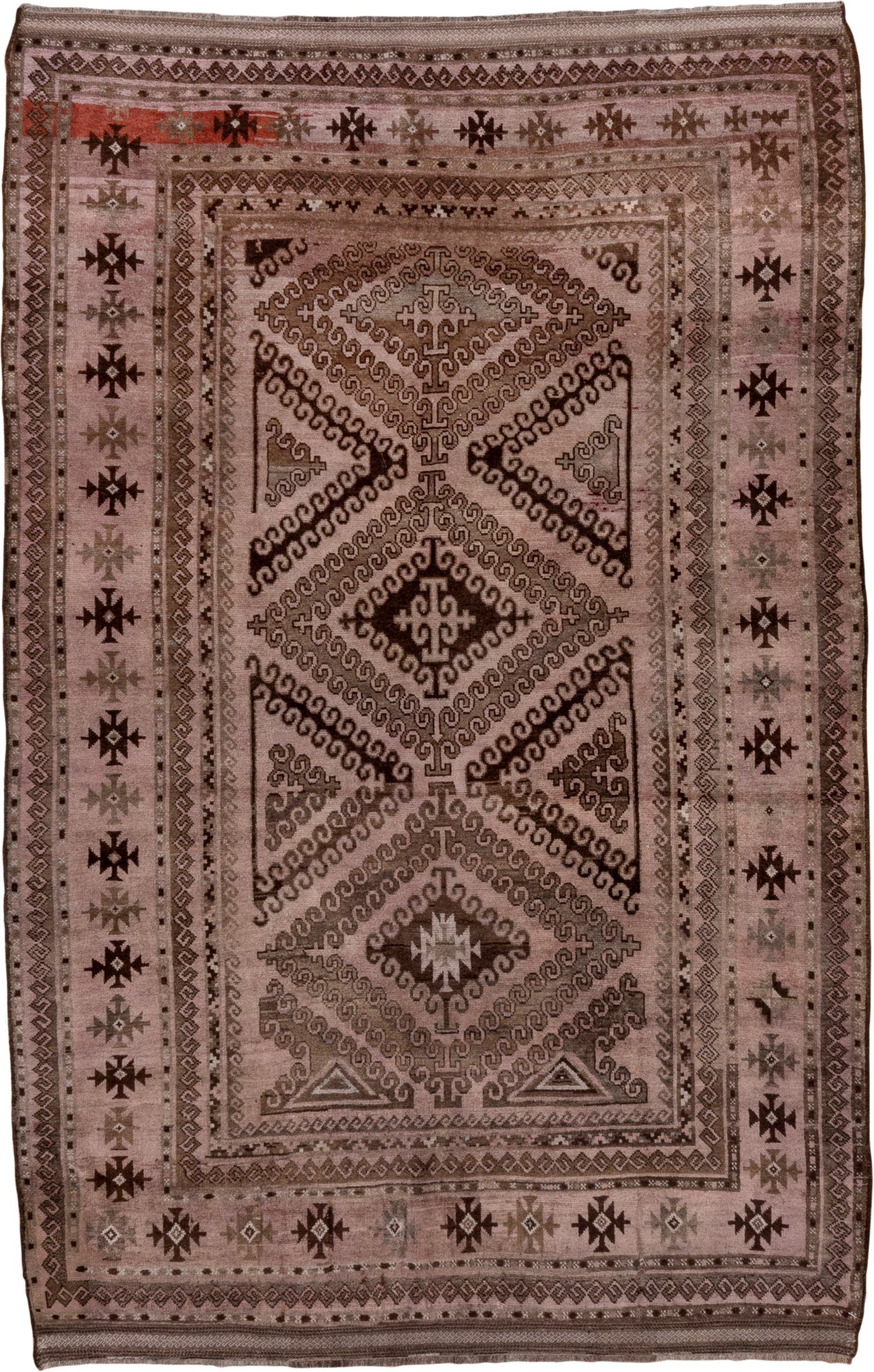 5' x 8' one-of-a-kind handmade antique Belouch medium size rug. Color palette: taupe, brown, charcoal, rose, rust, ivory