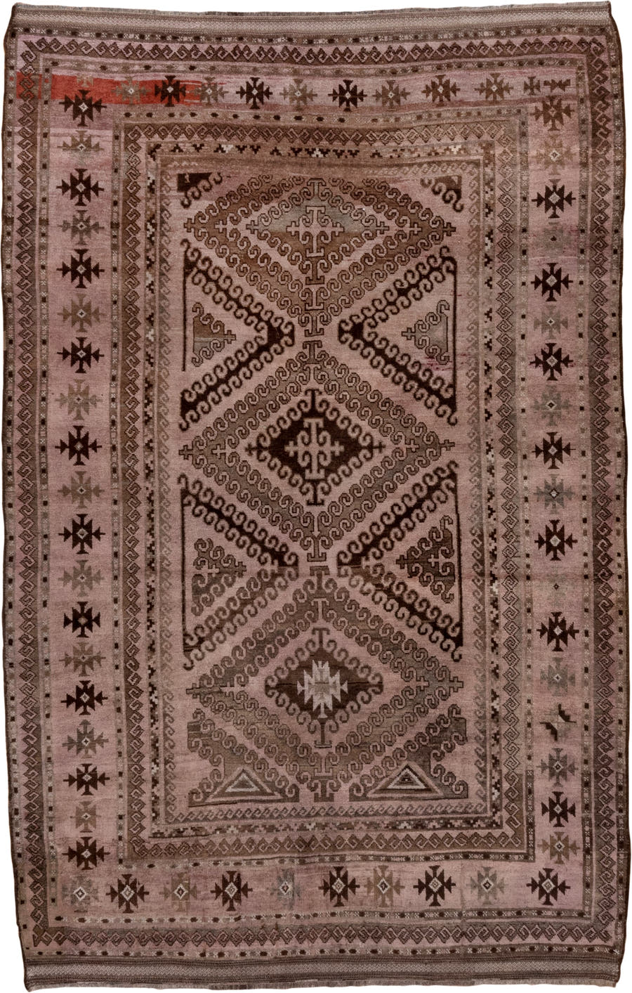 5' x 8' one-of-a-kind handmade antique Belouch medium size rug. Color palette: taupe, brown, charcoal, rose, rust, ivory