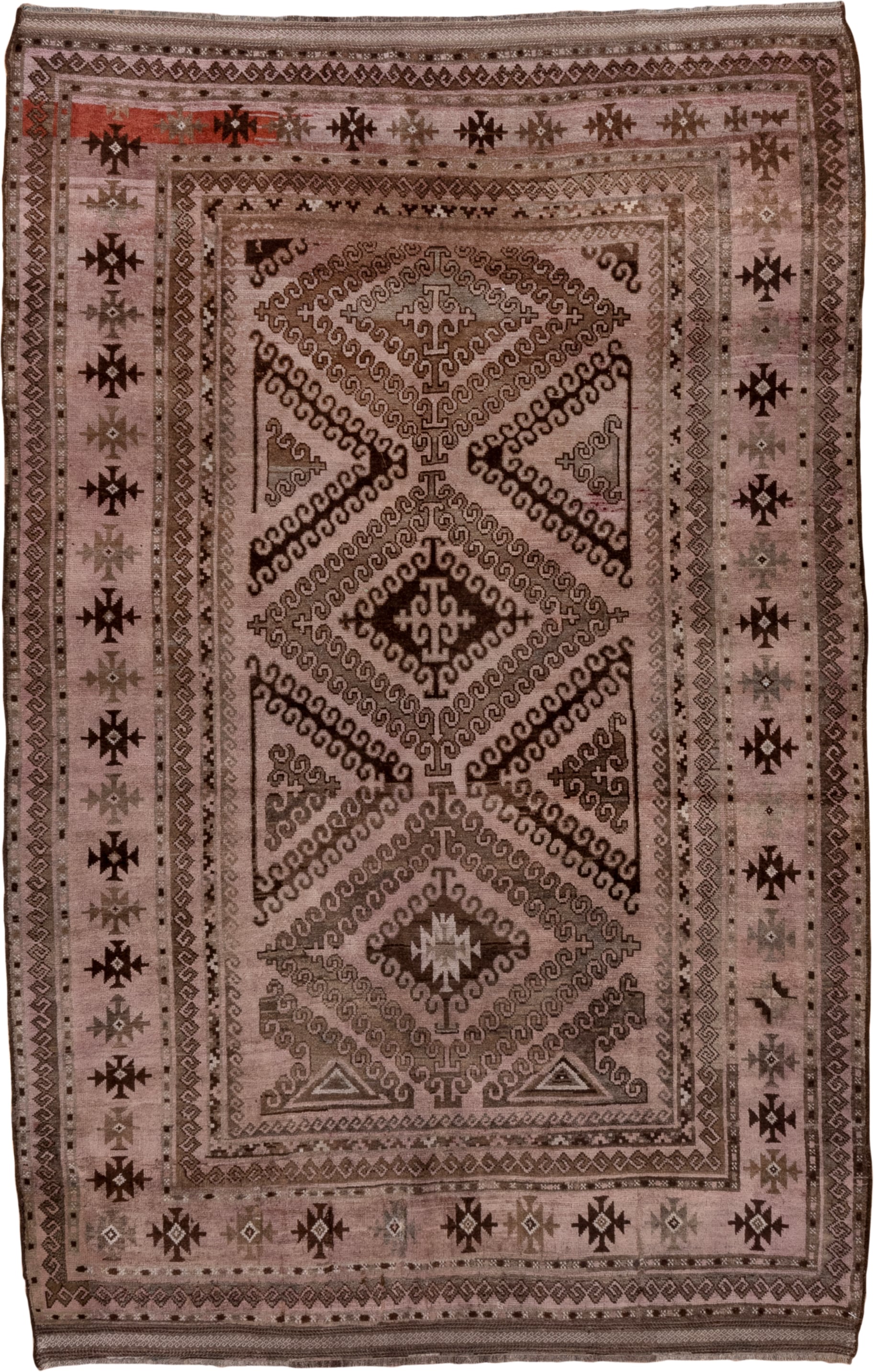 5' x 8' one-of-a-kind handmade antique Belouch medium size rug. Color palette: taupe, brown, charcoal, rose, rust, ivory
