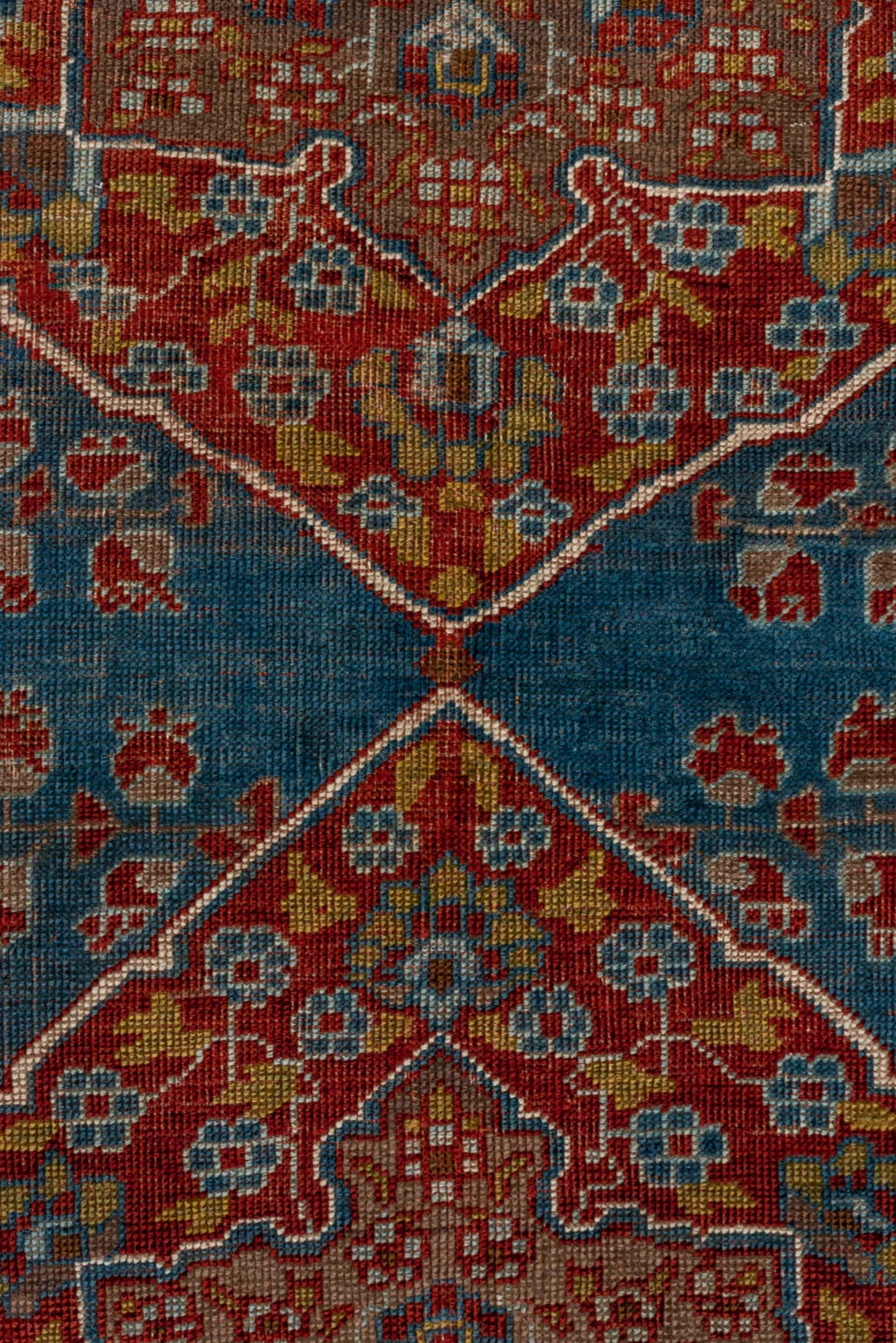 5' x 9' one-of-a-kind handmade antique Karabagh medium size rug. Color palette: turquoise, rust, ivory, terra cotta, gold