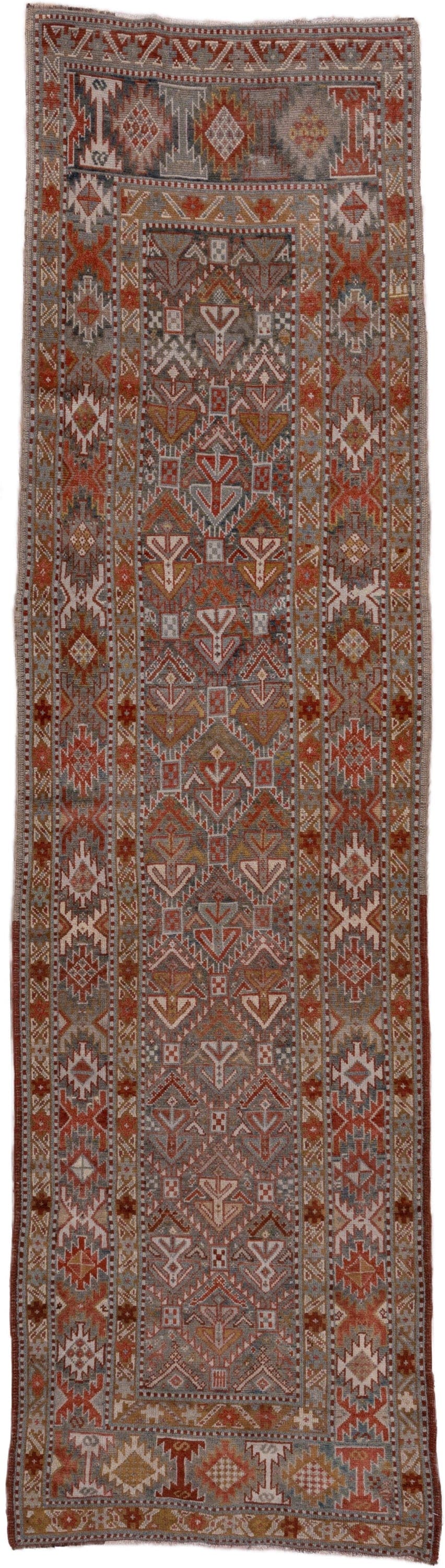 3' x 12' one-of-a-kind handmade antique NW Persian runner rug. Color palette: rust, taupe, ivory, slate, camel, terracotta