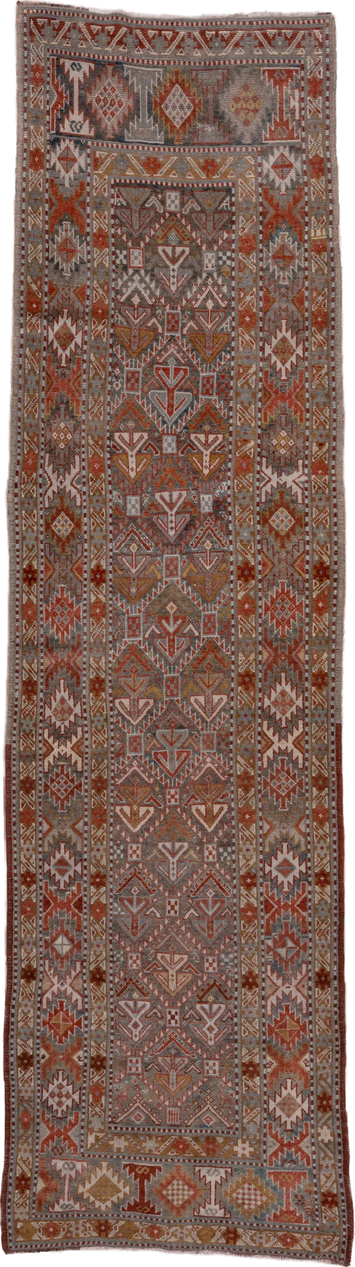 3' x 12' one-of-a-kind handmade antique NW Persian runner rug. Color palette: rust, taupe, ivory, slate, camel, terracotta
