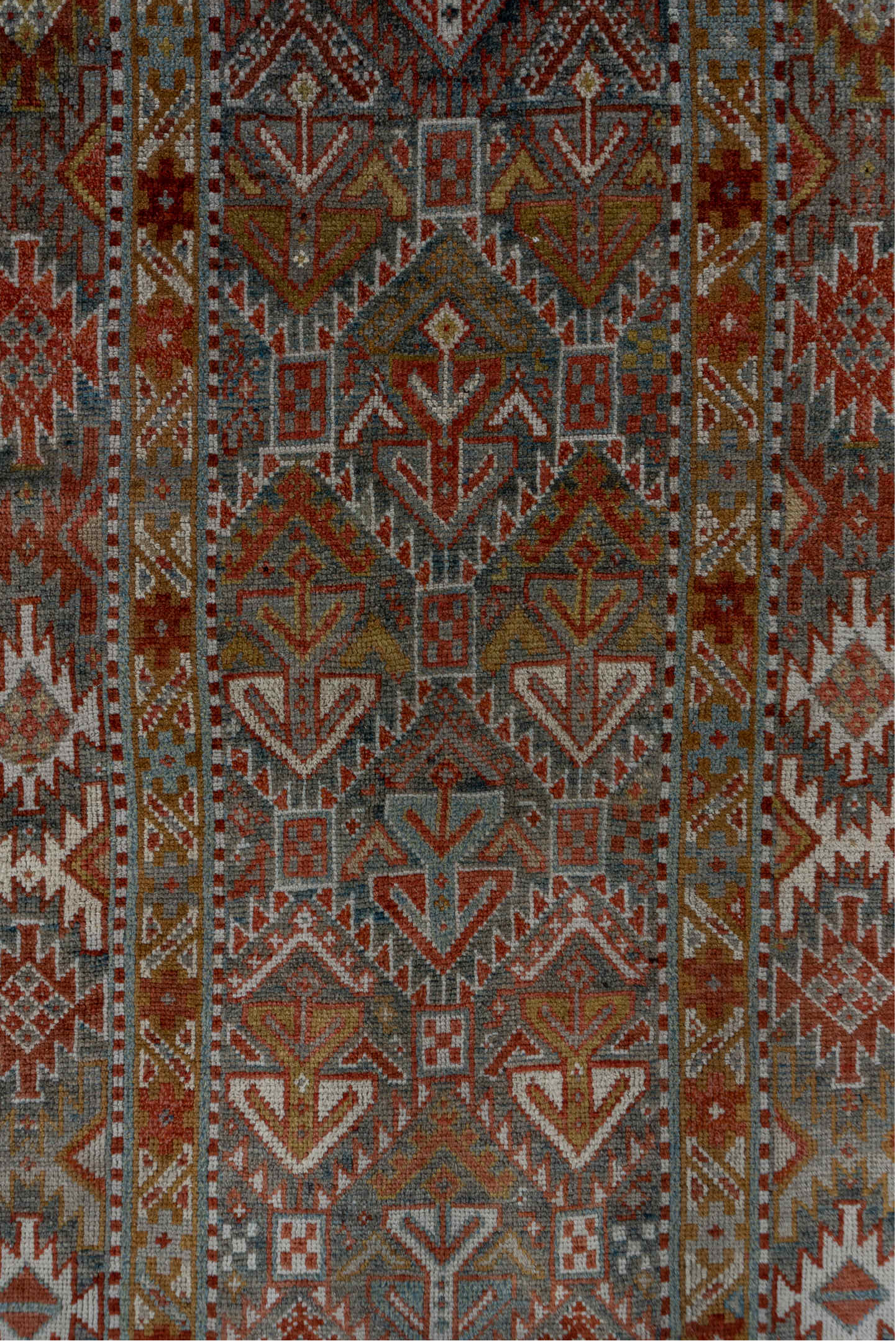 3' x 12' one-of-a-kind handmade antique NW Persian runner rug. Color palette: rust, taupe, ivory, slate, camel, terracotta