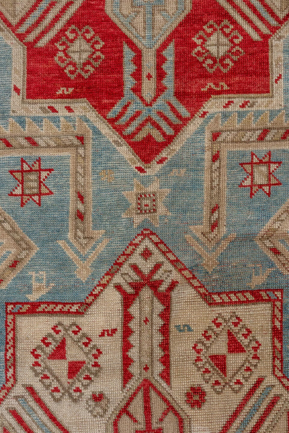 3' x 7' one-of-a-kind handmade antique Caucasian runner rug. Color palette: ivory, sky blue, rust, beige, camel, crimson