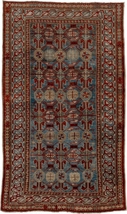 5' x 9' one-of-a-kind handmade antique Caucasian medium size rug. Color palette: light blue, ivory, rust, red, slate, camel