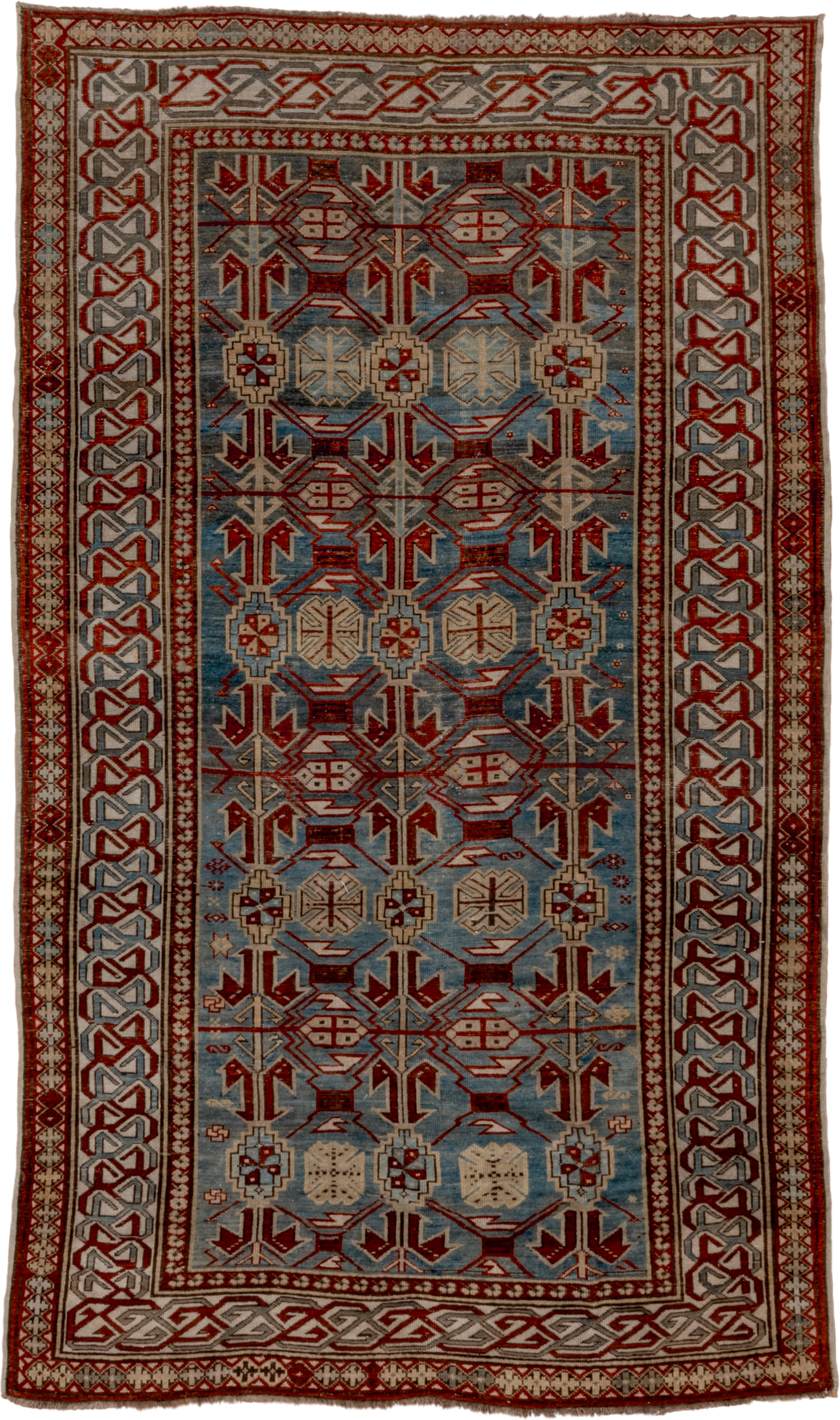 5' x 9' one-of-a-kind handmade antique Caucasian medium size rug. Color palette: light blue, ivory, rust, red, slate, camel
