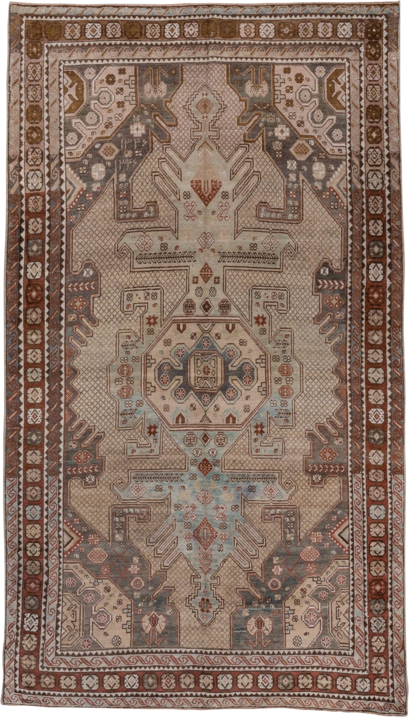 4' x 7' one-of-a-kind handmade antique Shirvan rug. Color palette: ivory, rust, brown, slate, sky blue, taupe, terracotta