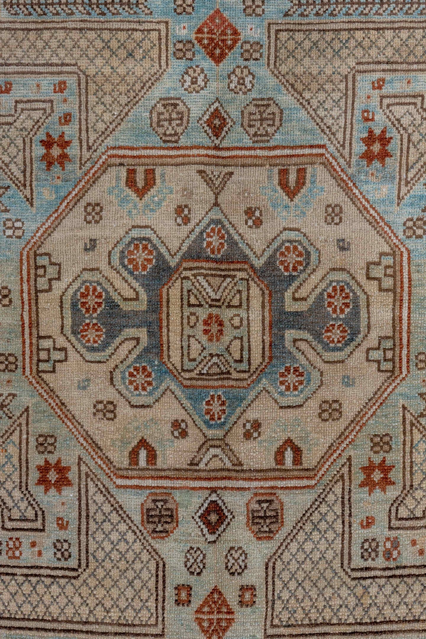4' x 7' one-of-a-kind handmade antique Shirvan rug. Color palette: ivory, rust, brown, slate, sky blue, taupe, terracotta