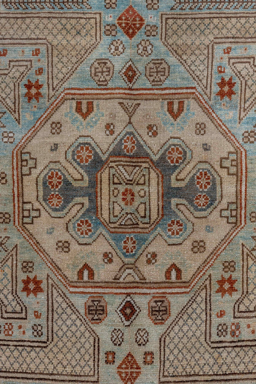 4' x 7' one-of-a-kind handmade antique Shirvan rug. Color palette: ivory, rust, brown, slate, sky blue, taupe, terracotta