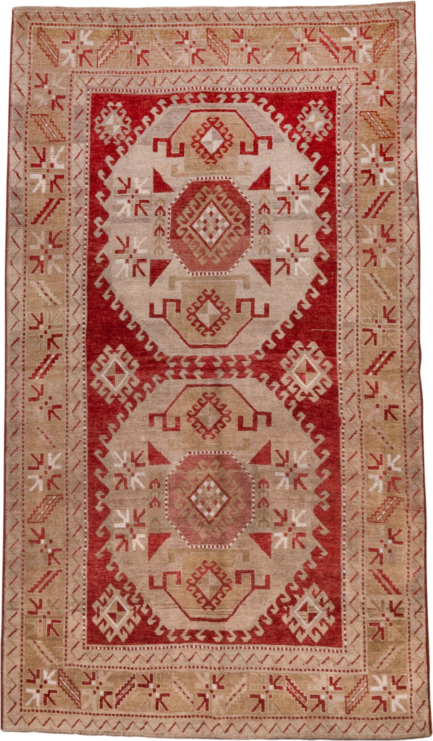 4' x 7' one-of-a-kind handmade antique Caucasian rug. Color palette: rust, ivory, camel, rose, terra cotta, terracotta