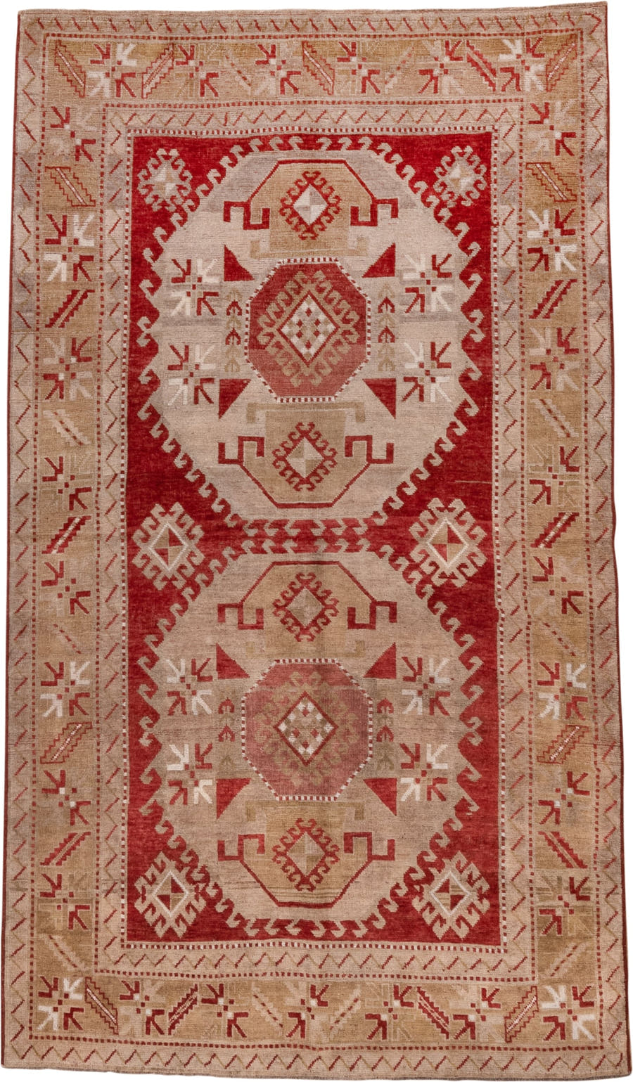 4' x 7' one-of-a-kind handmade antique Caucasian rug. Color palette: rust, ivory, camel, rose, terra cotta, terracotta