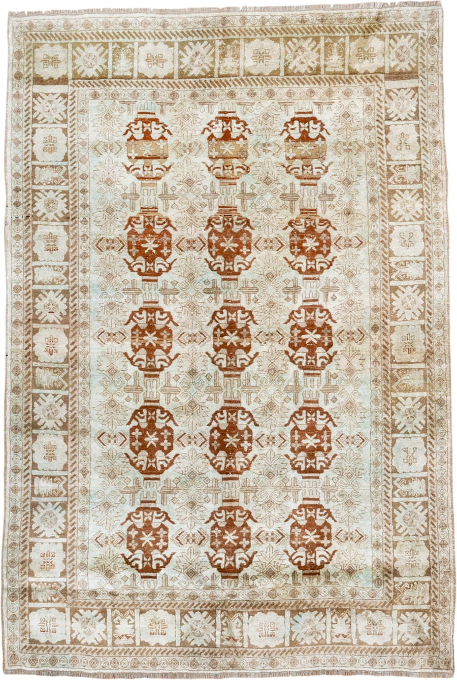 3' x 5' one-of-a-kind handmade antique Kaisary small size rug. Color palette: ivory, camel, taupe, rust, beige, sand, gray