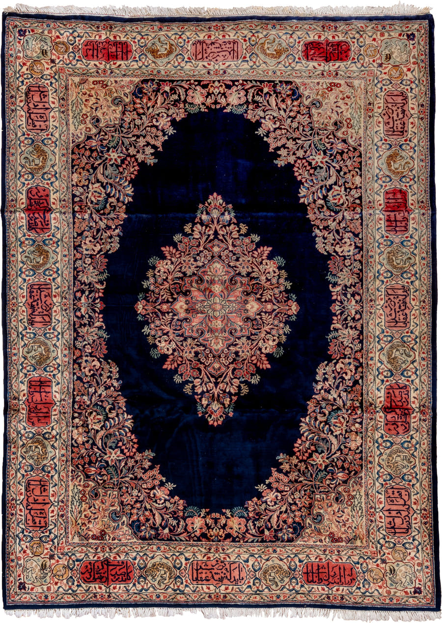 8' x 11' one-of-a-kind handmade antique Sarouk large size rug. Color palette: navy, ivory, rose, crimson, gold, sage, camel