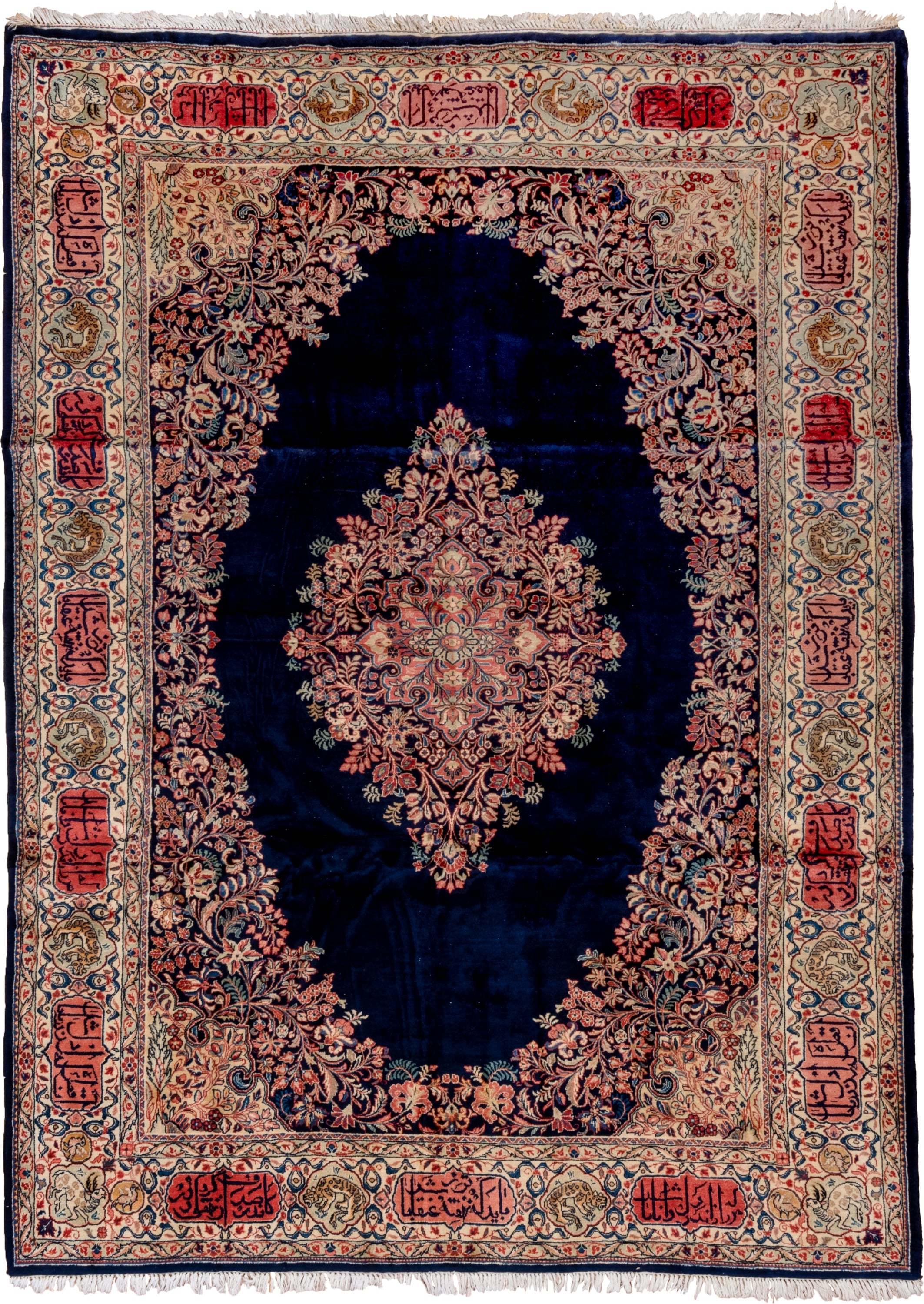 8' x 11' one-of-a-kind handmade antique Sarouk large size rug. Color palette: navy, ivory, rose, crimson, gold, sage, camel