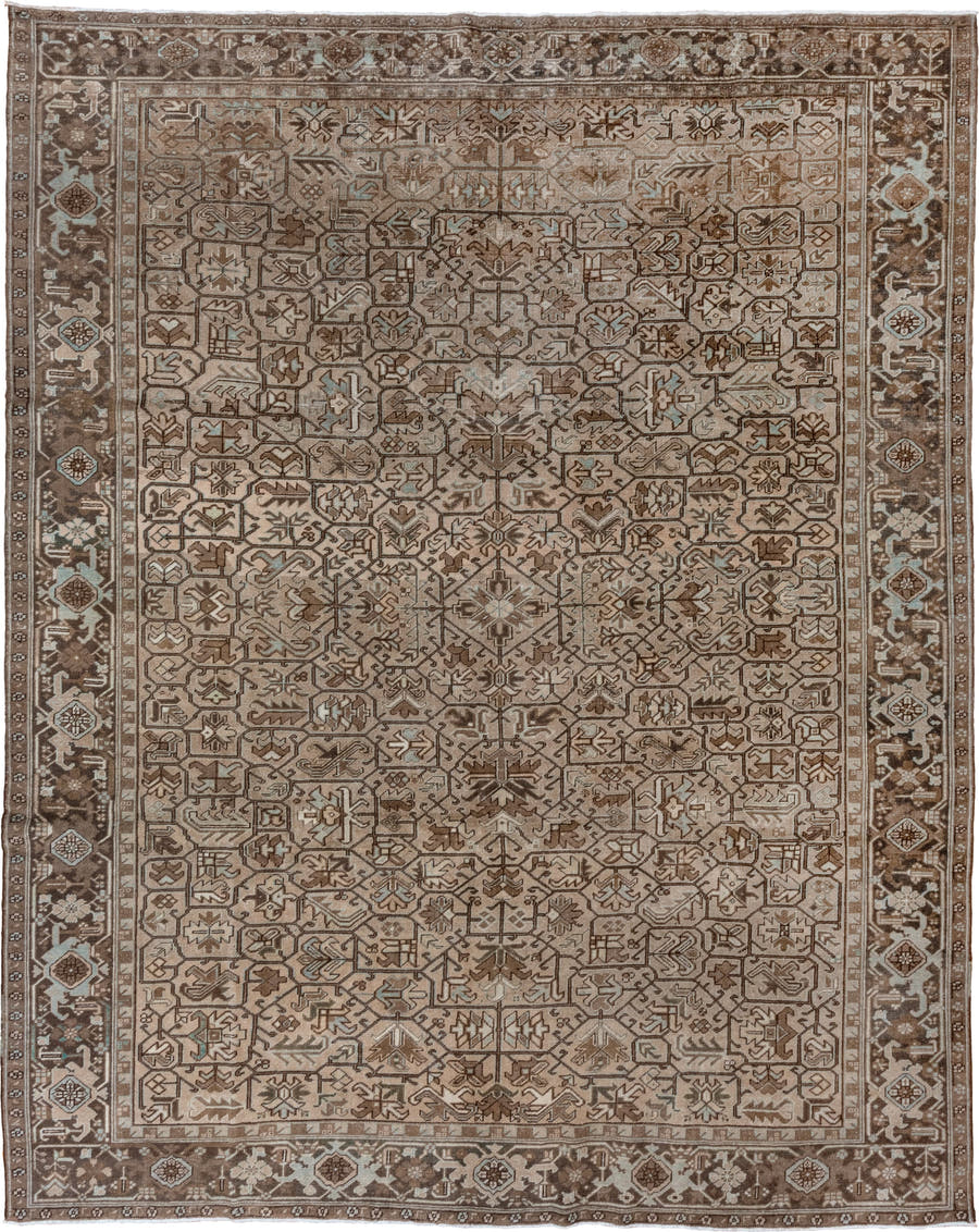 9' x 12' one-of-a-kind handmade antique Heriz large size rug. Color palette: taupe, brown, camel, ivory, pale_blue, beige