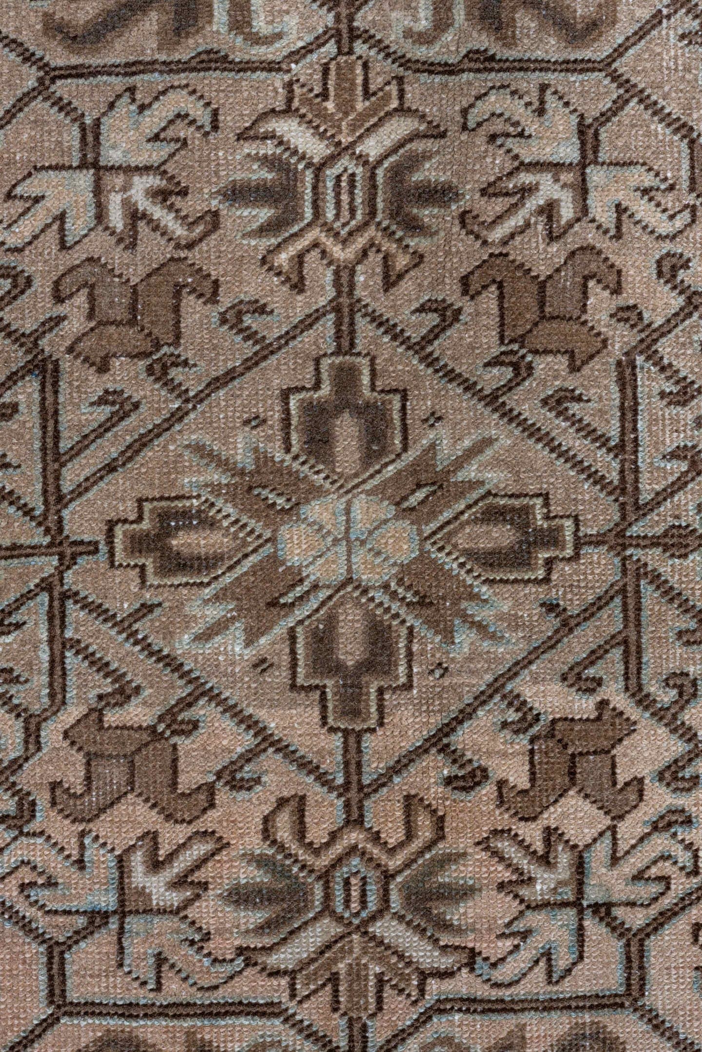 9' x 12' one-of-a-kind handmade antique Heriz large size rug. Color palette: taupe, brown, camel, ivory, pale_blue, beige